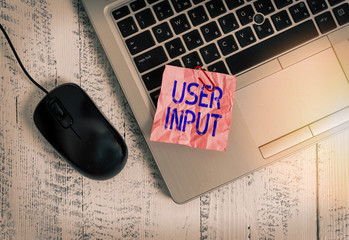 Poster - Writing note showing User Input. Business concept for Any information or data that is sent to a computer for processing Trendy metallic laptop crushed colored paper note pen on wooden table