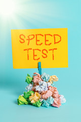 Poster - Word writing text Speed Test. Business photo showcasing psychological test for the maximum speed of performing a task Reminder pile colored crumpled paper clothespin reminder blue background