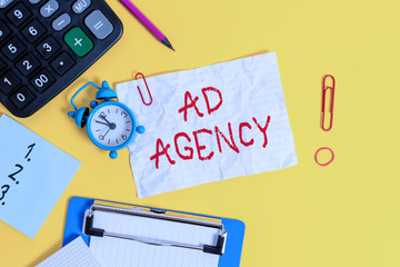 Fototapete - Word writing text Ad Agency. Business photo showcasing business dedicated to creating planning and handling advertising Clock clips crushed note calculator pencil clipboard band color background