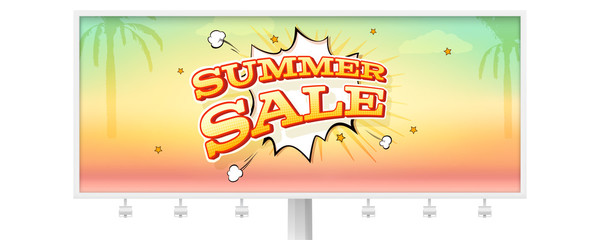 Poster - Summer sale banner with exploding speech bubble on city billboard. Tropical summer background with palms. Design of vector advertising in cartoon style