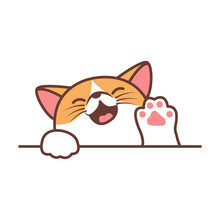 Cute Cat Waving Paw Cartoon, Vector Illustration