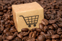Box With Shopping Cart Logo Symbol On Coffee Beans  : Import Export Shopping Online Or ECommerce Delivery Service Store Product Shipping, Trade, Supplier Concept.