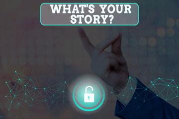 Poster - Handwriting text What S Your Story Question. Conceptual photo asking demonstrating about his past life actions career or events