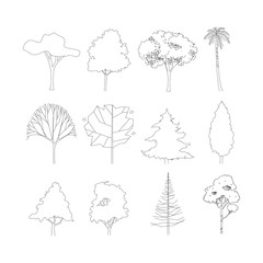 Wall Mural - side view, set of graphics trees elements outline symbol for architecture and landscape design drawi