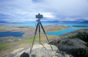 Wall Mural - Tripod and camera on hill top near El Calafate, Patagonia, Argentina