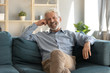 Portrait smiling mature man sitting on couch alone in modern living room at home, happy excited older male with healthy toothy smile looking at camera, posing for photo on cozy sofa