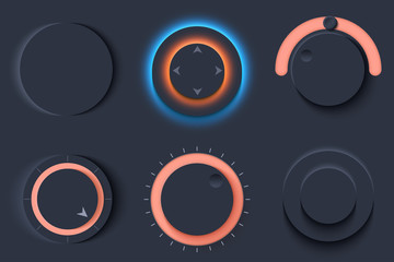 Neumorphic UI circle dark set. Workflow graphic elements in Skeuomorph Trend Design. Circular Elements for smart technology and applications. Editable Vector illustration.