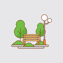 Flat Design Wooden Chairs For Relaxing In The Public Park With Trees And Lamps Vector Illustration