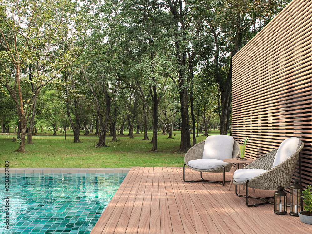 Swimming pool terrace with garden view 3d render,  There are a wooden floor ,green tile in the swimming pool and ,wooden lath wall,Decorated with rattan furniture,Surrounded by nature. - obrazy, fototapety, plakaty 