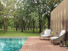 Swimming Pool Terrace With Garden View 3d Render,  There Are A Wooden Floor ,green Tile In The Swimming Pool And ,wooden Lath Wall,Decorated With Rattan Furniture,Surrounded By Nature.