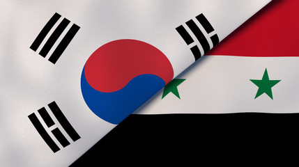 The flags of South Korea and Syria. News, reportage, business background. 3d illustration