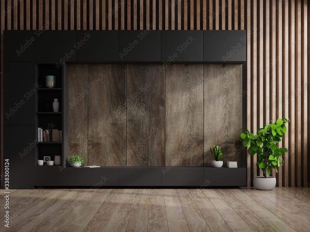 Cabinet TV in modern living room with decoration on wooden wall background. - obrazy, fototapety, plakaty 