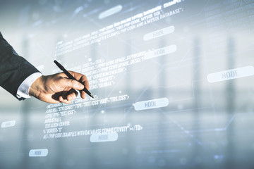 Poster - Multi exposure of man hand with pen working with abstract software development hologram on blurred office background, research and analytics concept