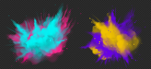 Wall Mural - holi paint powder color explosion realistic vector illustration. blue pink, yellow purple dust splas