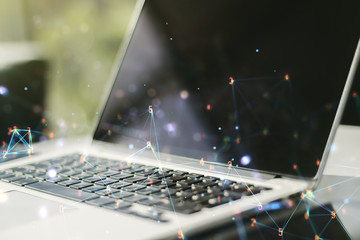 Poster - Creative concept of wireless technology on modern laptop background. Big data and database concept. Multiexposure