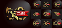 Anniversary Logotype Set With Gold Color And Red Ribbon For Invitation, Background, Template, Greeting And Celebration Event