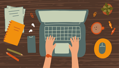 Fototapete - Working desktop with laptop, coffee, notepads and plant. Remote work concept. Hand drawn illustration with texture. 