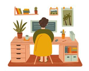 Fototapete - The programmer works at the computer from home. Stay at home. Remote work concept. Hand drawn illustration with texture. 