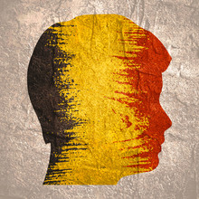 Double Exposure Portrait Of Young Man. Belgium Flag Design Concept. Flag Textured By Grungy Wood Pattern. Image Relative To Travel And Politic Themes