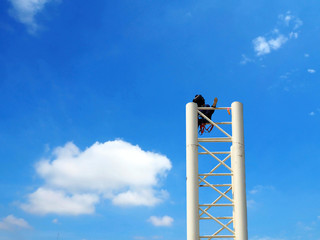 Man Working on the Working at height on construction site with blue sky