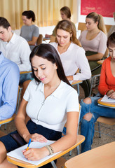 Wall Mural - Intelligent girl listening with attention during classes in auditorium among her fellow students