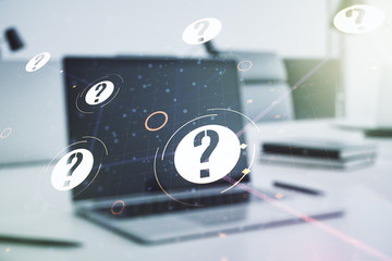 Aufkleber - Creative concept of question mark illustration on modern laptop background. FAQ and search concept. Multiexposure