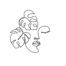 Line Drawing Of The Profile Of A Woman With Flowing Hair And Flowers, For Organic Cosmetics
