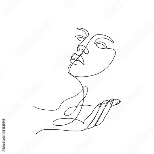 abstract woman face with hand one line drawing. Portrait minimalistic ...