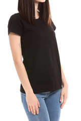 Poster - Woman in stylish t-shirt on white background