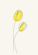 Two Yellow Tulips Flowers Line Drawing Art. Minimalist Art. Abstract Vector Illustration