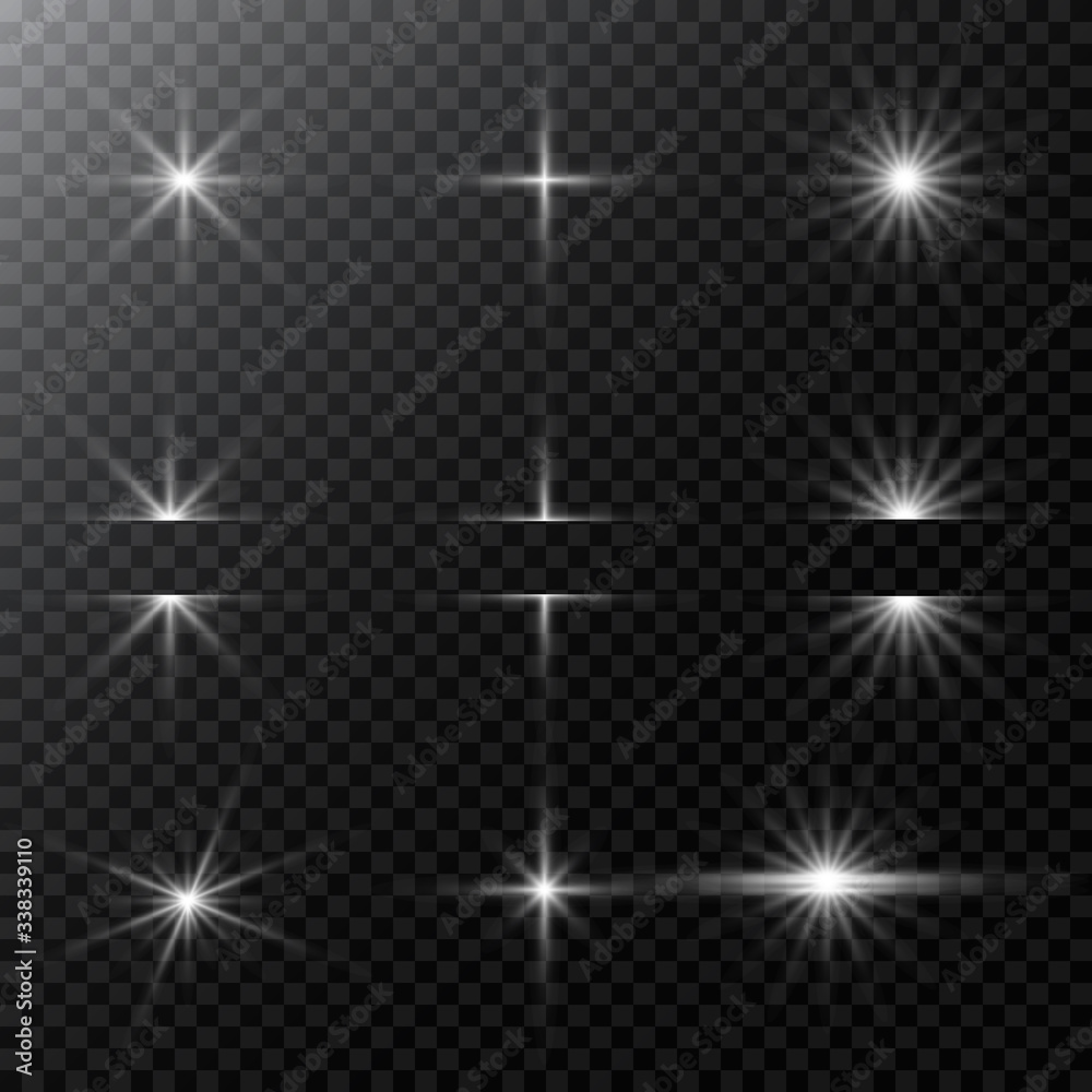 Set of Vector glowing light effect stars bursts with sparkles and flare, explosion on transparent background. Stock - Vector illustration. - obrazy, fototapety, plakaty 