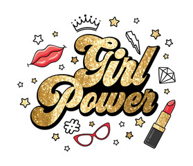 Girl power feminism illustration with gold glitter typography, stars, lipstick, crown, lips, diamond and sunglasses on white background