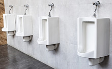 Men's White Urinals Design, Close Up Row Of Outdoor Urinals Men Public Toilet, Urinal Concept.