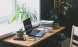 © ximich_natali - Workplace of man desk books laptop home interior. The concept of distance learning or online learning.