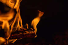 Burning Wood In The Furnace. Fiery Tongues Of Flames