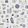 Vector seamless pattern on the theme of chemistry, Microbiology, medicine, genetics, laboratory research. Hand-drawn background with sketches, unreadable entries and illegible notes in retro style