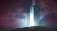 Light Coming Out Of Magical Gate In Dark Surreal Landscape, 3d Illustration