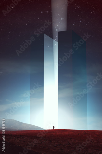 Cuadros en Lienzo man in front of magical tower at night, surreal 3d illustration