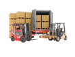 © Oleh - 3d rendering group of forklift truck loading boxes on pallets into truck on white background no shadow