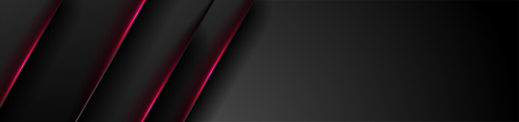 Black tech abstract banner design with red neon laser lines. Glowing futuristic background. Vector illustration