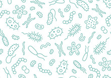 Bacteria, Virus, Microbe Seamless Pattern. Vector Background Included Line Icons As Microorganism, Germ, Mold, Cell, Probiotic Outline Pictogram For Microbiology Infographic