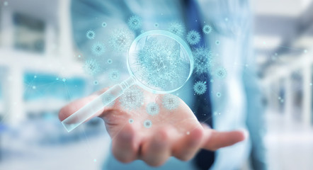 Poster - Man analyzing holographic coronavirus projection through magnifying glass 3D rendering