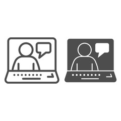 Poster - Online job interview line and solid icon. Video conference with candidate outline style pictogram on white background. Person and dialogue on laptop for mobile concept and web design. Vector graphics.
