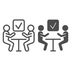 Poster - Business meeting line and solid icon. Two person at the table and marker checkbox outline style pictogram on white background. Interview candidate for mobile concept and web design. Vector graphics.