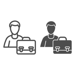 Poster - Silhouette of man and briefcase line and solid icon. Candidate business portfolio outline style pictogram on white background. Person and office bag for mobile concept and web design. Vector graphics.