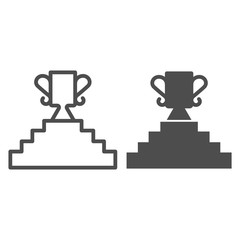 Poster - Golden trophy on staircase line and solid icon. Pedestal with stairs and cup on top outline style pictogram on white background. First place award for mobile concept and web design. Vector graphics.