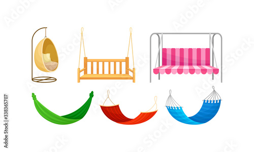 Bench Swings and Hammocks Hanging on Rope Vector Set Poster Mural XXL