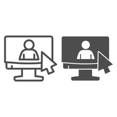 Poster - Online job interview line and solid icon. Monitor and silhouette of man with cursor outline style pictogram on white background. Headhunting signs for mobile concept and web design. Vector graphics.