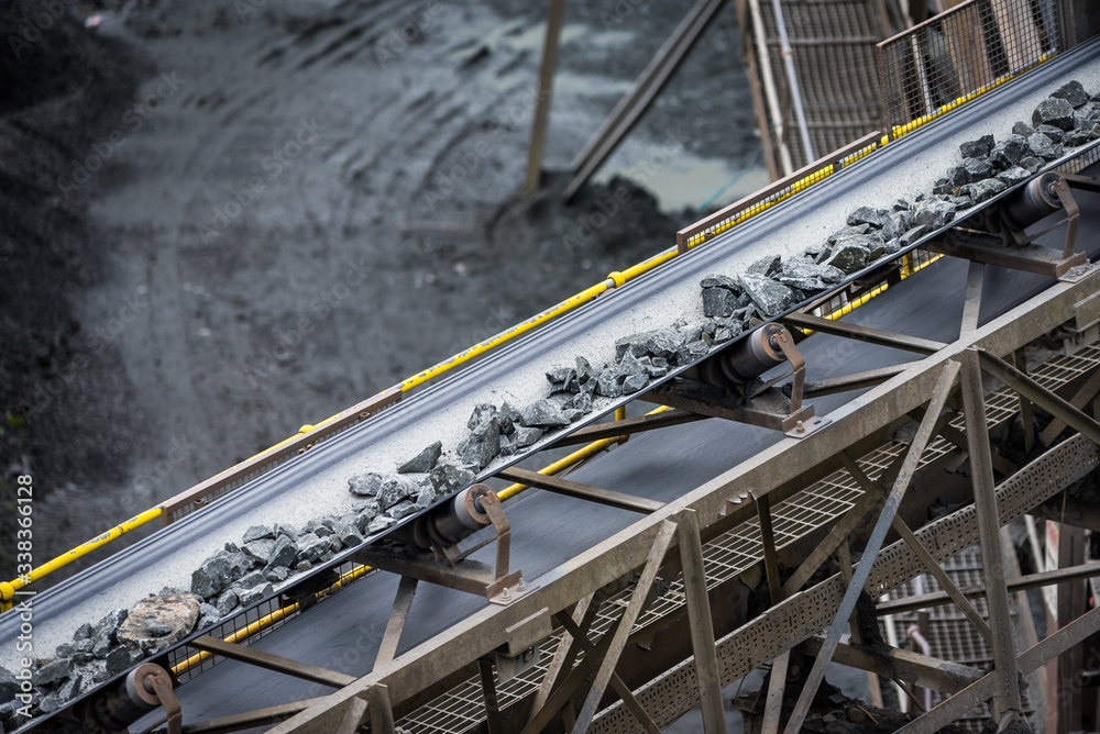 belt conveyor stones - mining industry - obrazy, fototapety, plakaty 