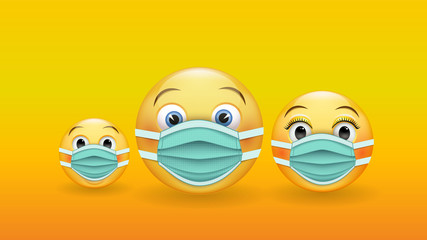 Be responsible and protected - a family of 3D yellow emoticons in medical masks. Wear a medical mask to prevent the spread of the disease. Vector